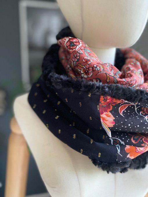 Snood double fleuri, noir & terracota