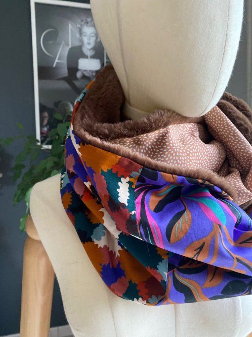 Snood double fleuri marron & violet